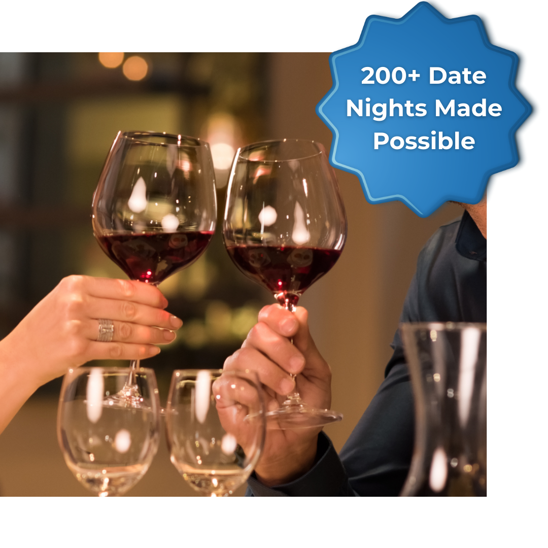 Two people clinking wine glasses with a text overlay about date nights.