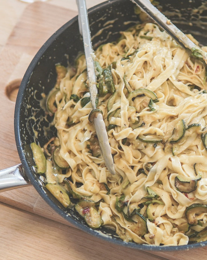 a big serving of creamy pasta