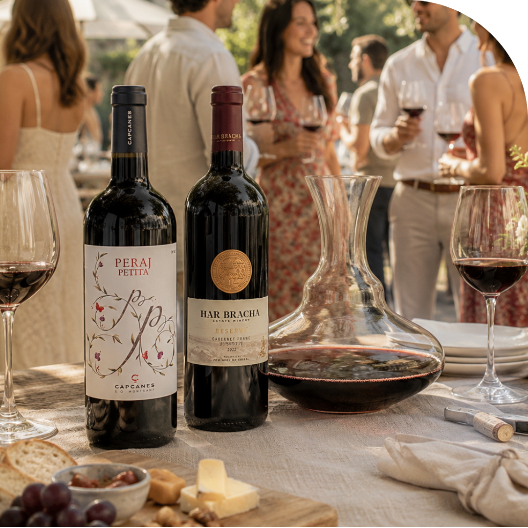 Two wine bottles on a table at an outdoor wine tasting or gathering, with wine glasses, a glass decanter, cheese, grapes, and people blurred in the background. The bottle labels read Peraj Petta and Har Brachia.