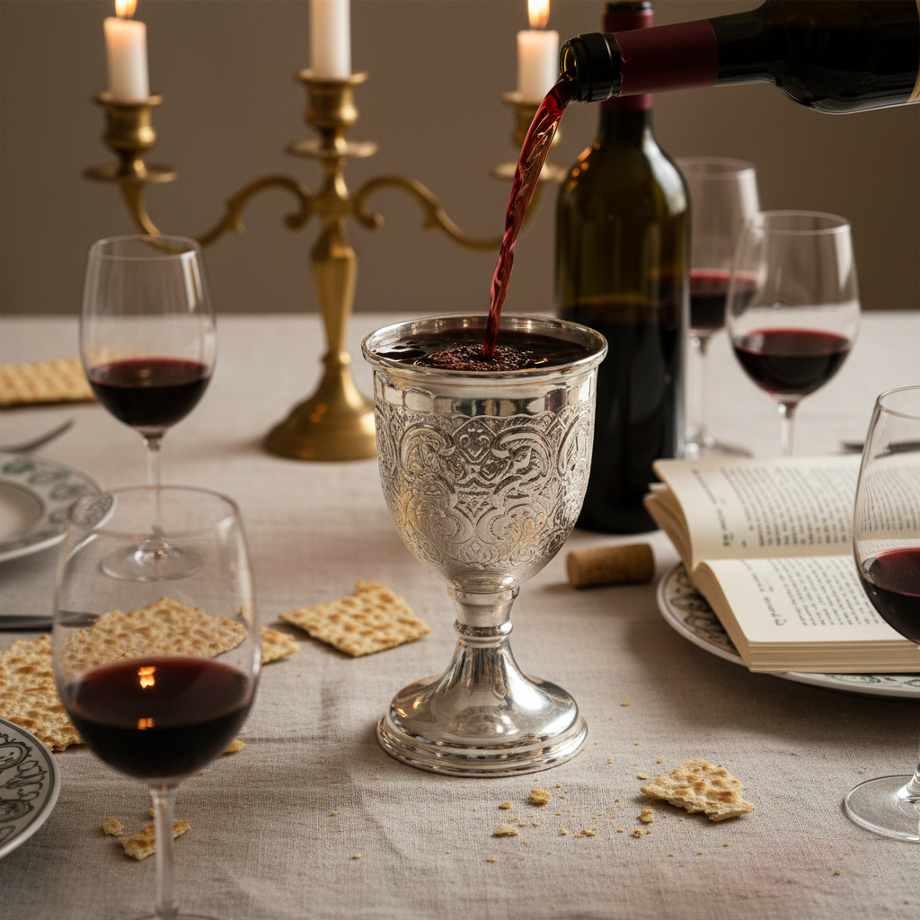 Elijah’s Cup being filled with red wine at a Passover Seder table, surrounded by wine glasses, matzah pieces, lit brass candlesticks, and an open Haggadah on a linen tablecloth.