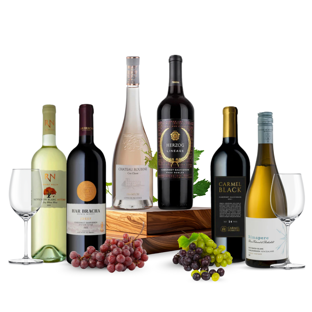 Assortment of wine bottles with grapes and glasses on a white background
