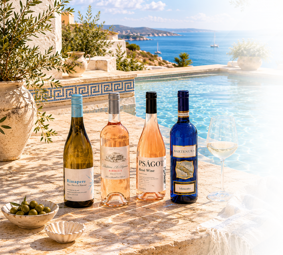 Wine bottles on a ledge with a scenic view of the ocean and sky.