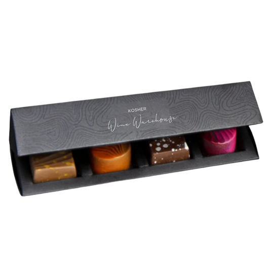 Box of assorted chocolates with a visible brand name on a white background