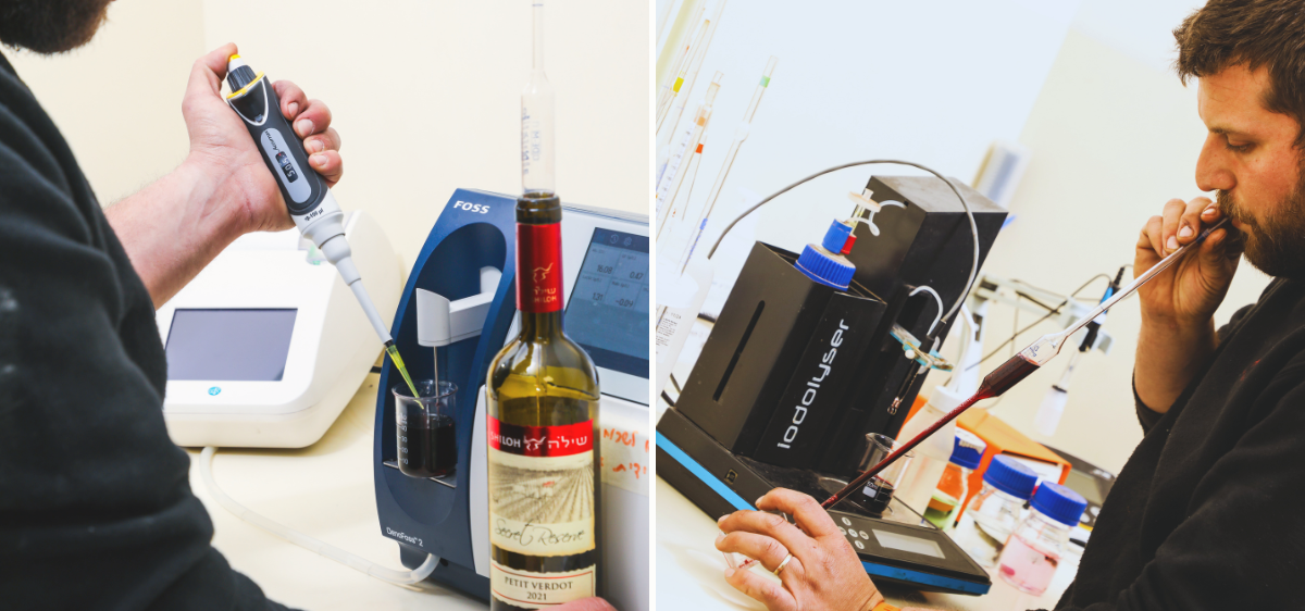 A composite image of a winemaker conducting laboratory tests on wine. One image shows a pipette being used with a wine bottle, and the other shows a winemaker using a hydrometer.