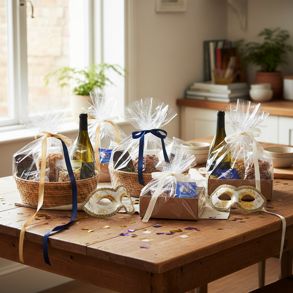 Mishloach Manot baskets with wine and snacks on a wooden table, with a cozy indoor setting.