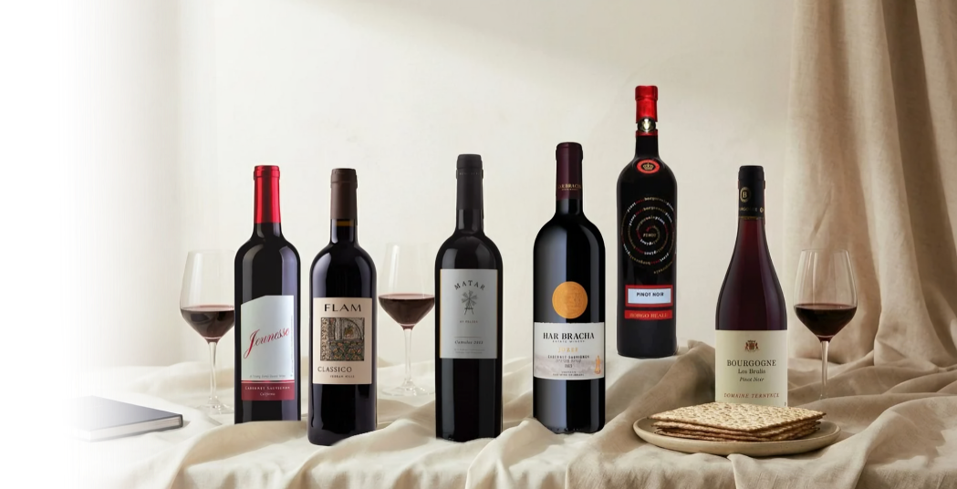 Collection of wine bottles on a white surface with glasses and bread