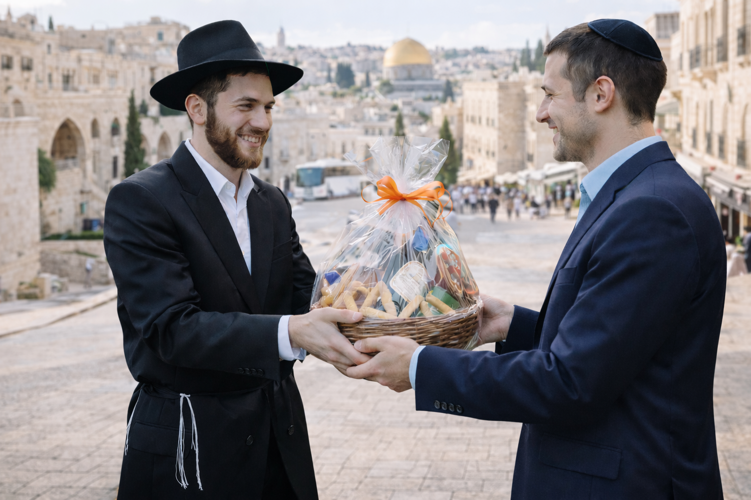 Man exchanging gift basket with a friend in a street setting in Jerusalem