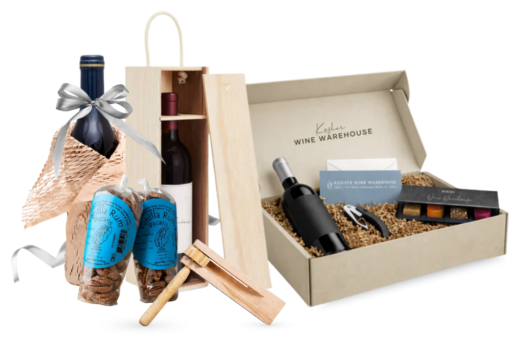Wine gift sets including a wooden wine box, boxed wine with accessories, and gourmet snacks
