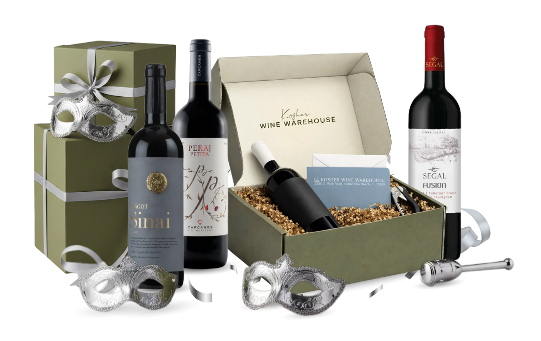 Purim Wine gift set with bottles, masks, and accessories on a white background
