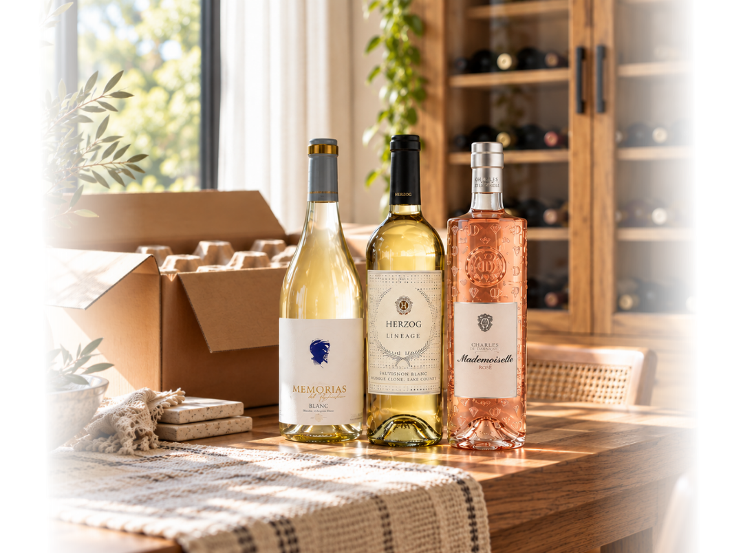 Three wine bottles—Vina Memorias Rambam Blanc 2022, Herzog Sauvignon Blanc Lineage 2024, and La Citadelle de Diamant Mademoiselle Rose 2023—displayed on a wooden table in a cozy indoor wine setting, with an open wine box and wine cabinet in the background. Warm natural light fills the scene.
