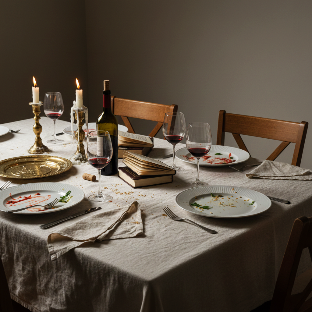 Dining table set for a meal with wine glasses, plates, and books, dimly lit.