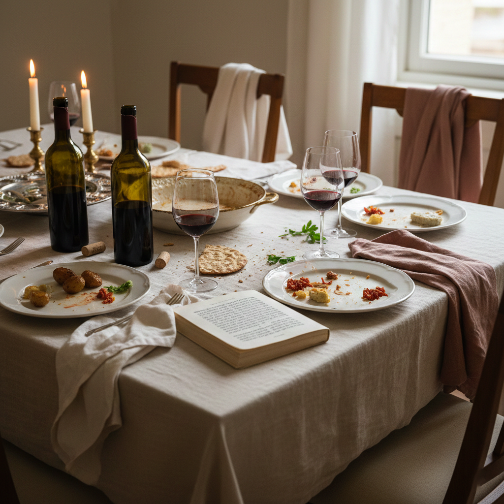 Passover Seder table arranged with red wine bottles and glasses, plated ceremonial foods, an open Haggadah, and lit candles on a beige tablecloth.