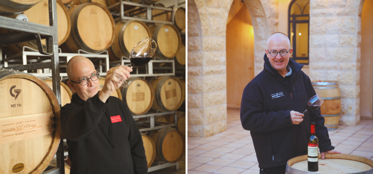 A composite image of Amichai Lourie inspecting red wine in a glass in a wine cellar and standing next to a wine barrel.
