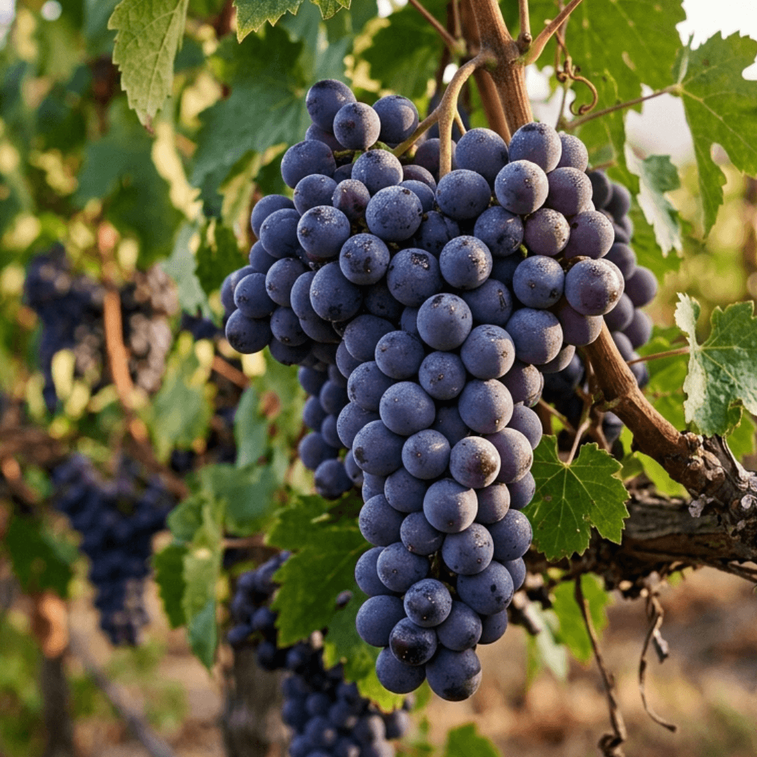 Bunch of purple grapes on a vine with green leaves
