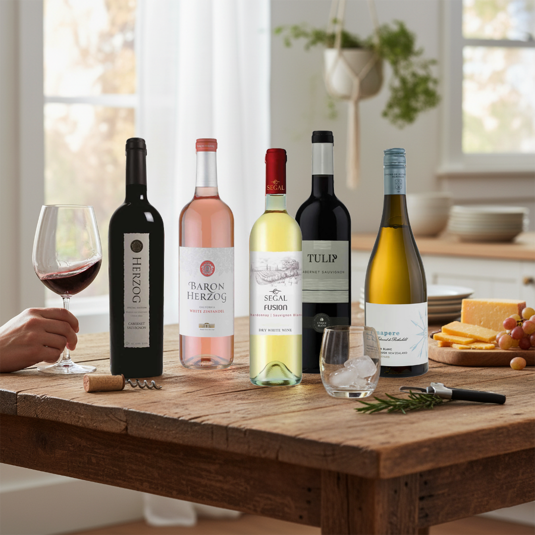 Assorted wine bottles on a wooden table with glasses and snacks in a bright room.