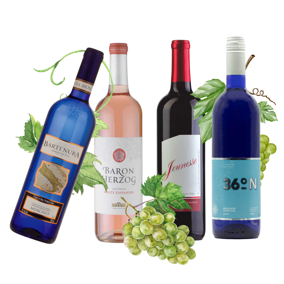 Four wine bottles with visible labels and green grapes on a white background