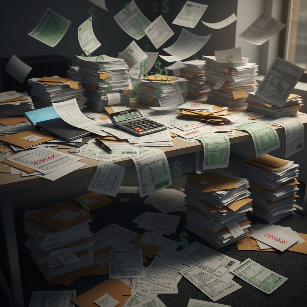 Messy desk with stacks of papers, envelopes, and a calculator.