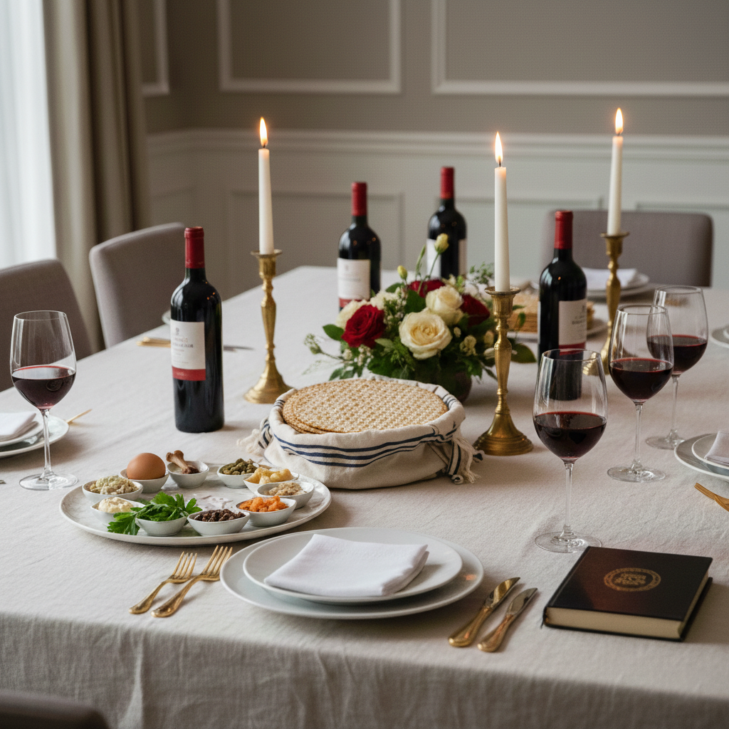 Passover Seder dining table set with wine glasses, bottles of red wine, matzah and traditional ceremonial foods, candles, and floral accents arranged for the holiday meal.
