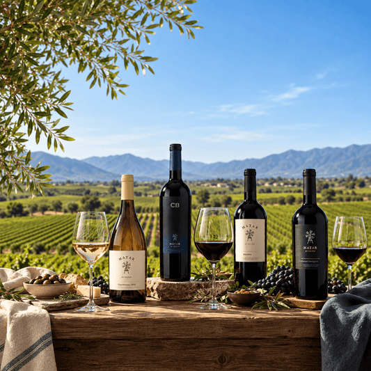 Matar wines displayed with red and white wine glasses on a rustic table overlooking a sunlit vineyard and mountains.