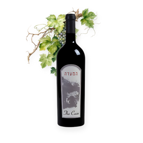 Binyamina Cave 2018 wine bottle with green vine and grape cluster.