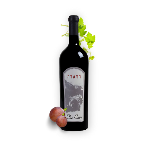 Binyamina Cave Mevushal 2019 wine bottle with green vine and red grapes.