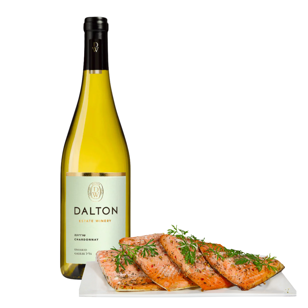 Bottle of Dalton Chardonnay with salmon on a white background