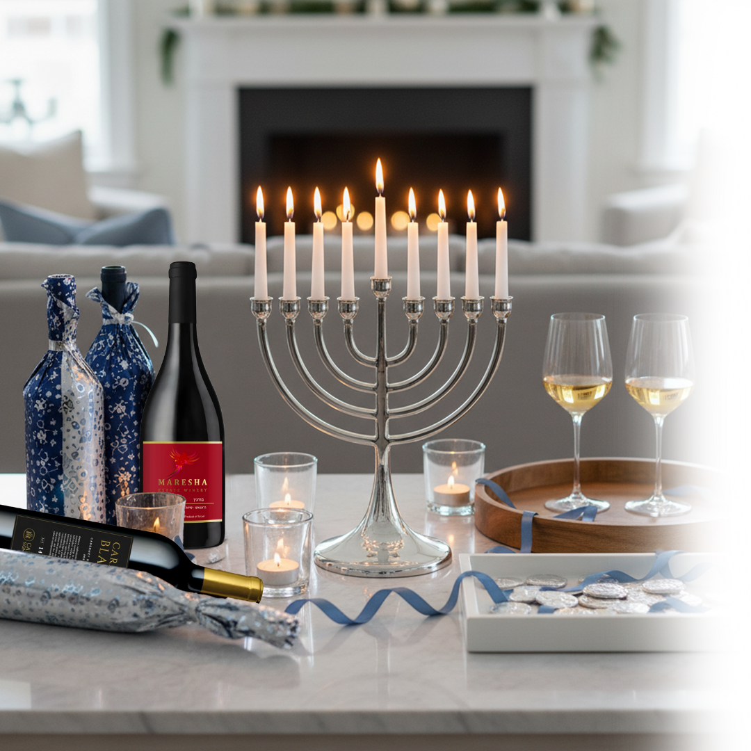 Candlelit menorah with wine bottles, glasses, and a fireplace in the background