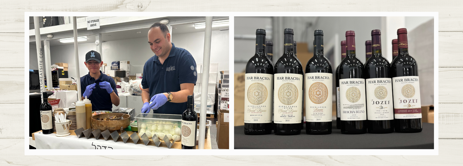Two images side by side: on the left, two chefs preparing food at a tasting event with a bottle of Har Bracha wine on the table; on the right, a close-up of Har Bracha wine bottles lined up.