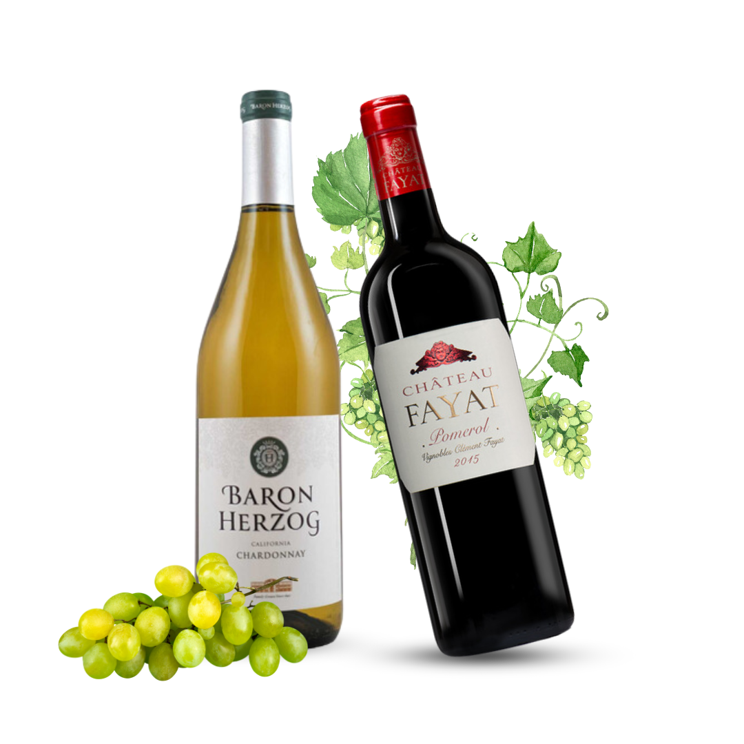 Wine bottles with green grapes and leaves