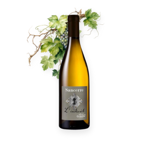 A bottle of L'Indiscrete Sancerre wine with grapevines and green grapes in the background.