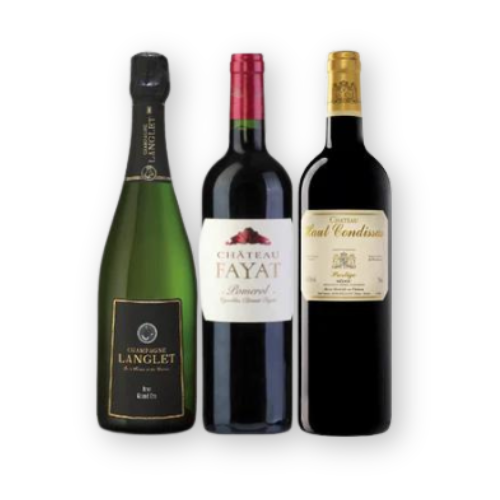 Three bottles of French wine including a champagne, a red wine, and a Bordeaux wine.