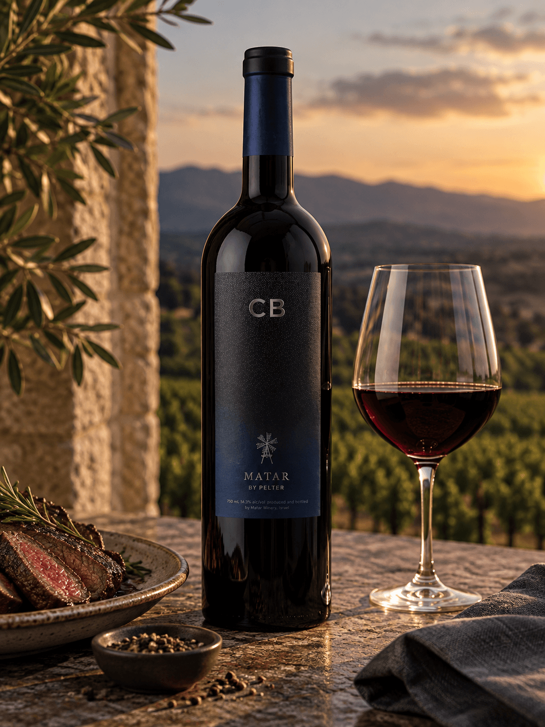 Matar CB red wine bottle and glass beside grilled steak on a rustic stone table, overlooking a sunlit vineyard and mountains at golden hour.