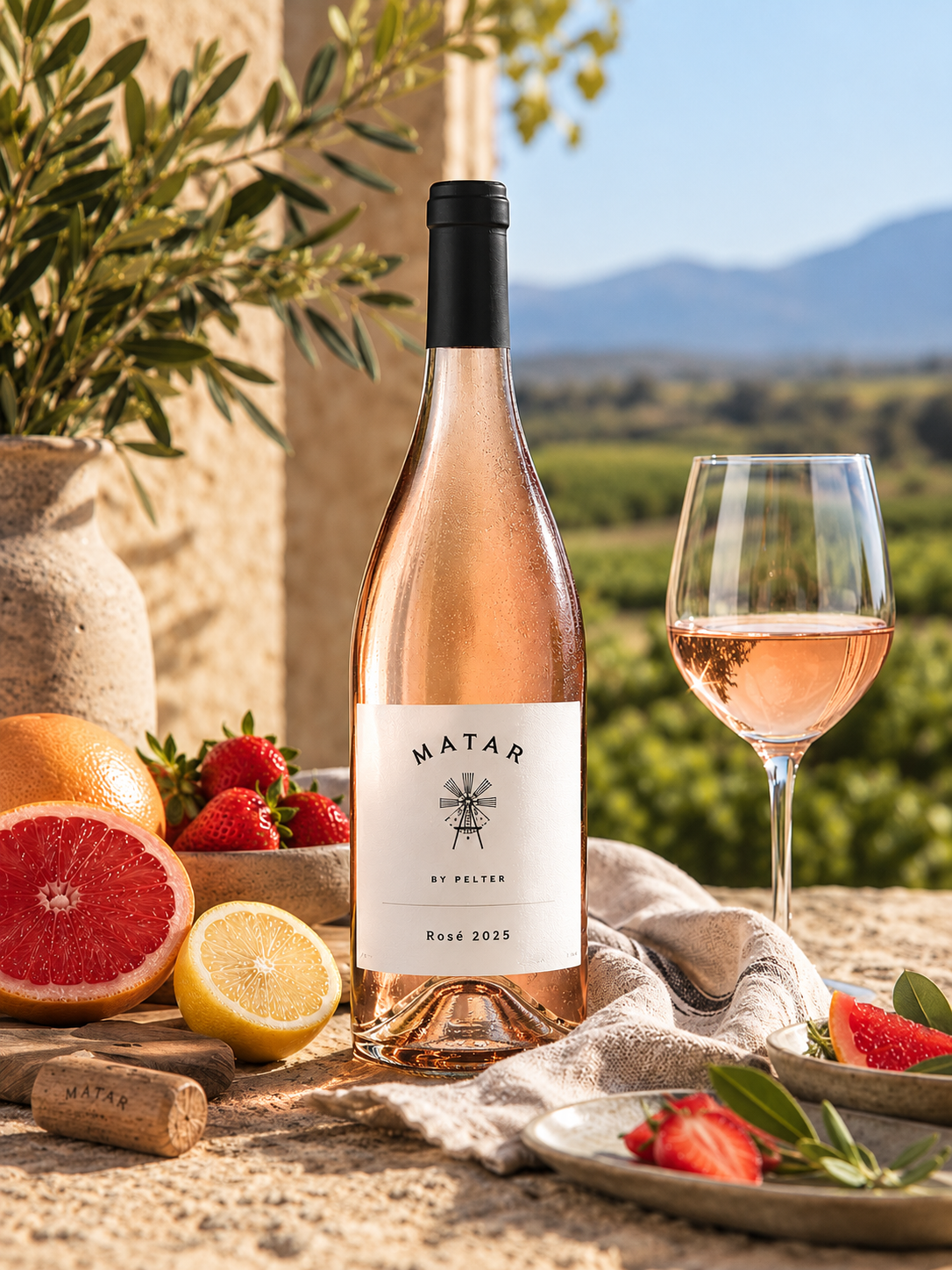 A bottle of Matar Rosé Red wine with a glass of the rosé wine beside it, styled on a stone table with strawberries, grapefruit, a lemon, and a corkscrew, with a vineyard landscape in the background.
