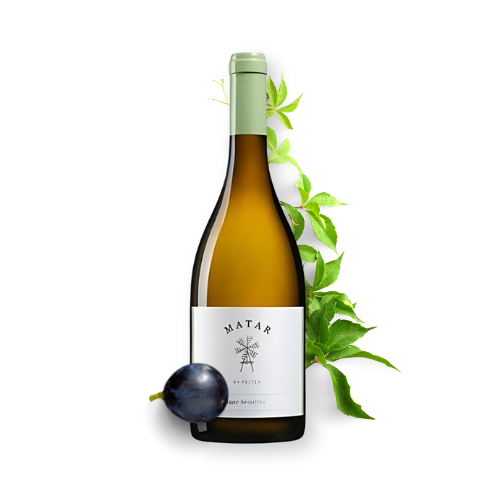 A bottle of Matar Sauvignon Blanc wine with green leaves and a black grape in the background.