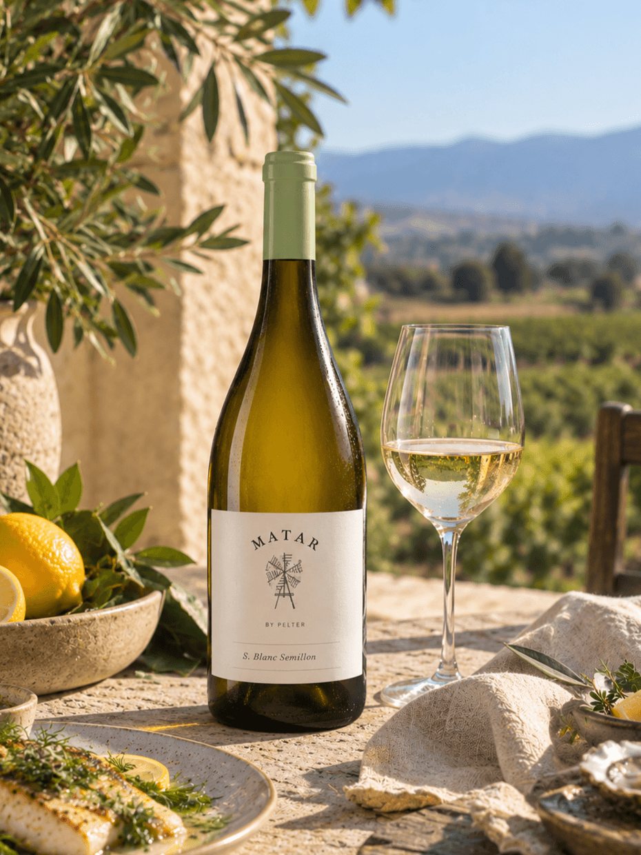 A bottle of Matar Sauvignon Blanc Semillon wine with a filled wine glass on a rustic outdoor table, surrounded by lemons, plates of food, and a vineyard landscape in the background.