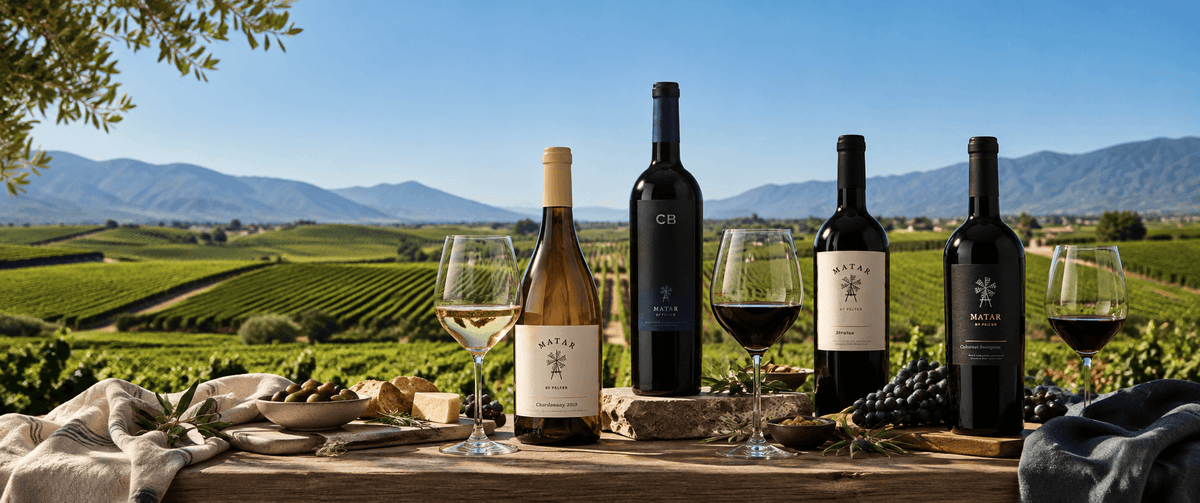 Four bottles of Matar wines and three wine glasses arranged on a wooden table outdoors, with a vineyard landscape and mountains in the background. The bottles and labels are visible, and the setting is a real outdoor environment.