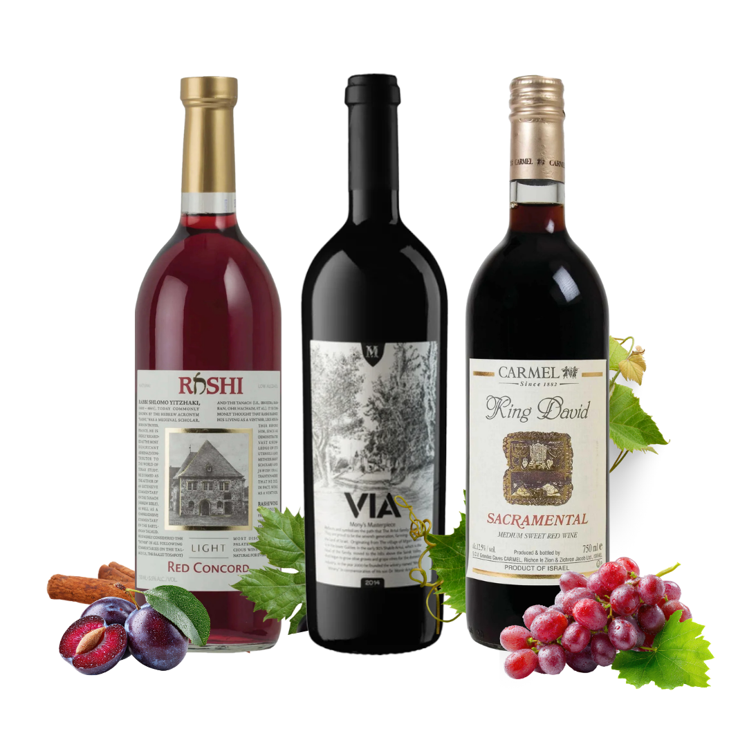 Three mevushal wine bottles arranged side by side on a white background, styled with grapes, figs, cinnamon sticks, and green leaves. The bottles are labeled Rishi Red Concord, VIA, and Carmel 23 King David Sacramental.