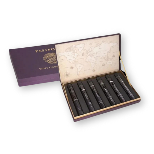 A tasting kit with six 100ml wine samples, elegantly packaged in a box with a world map design on the lid.