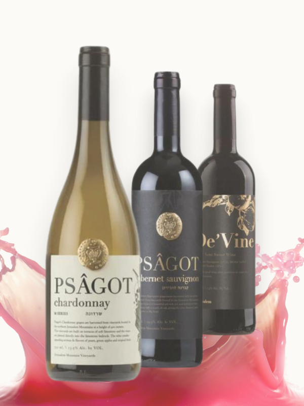 Psagot Wine Bottles with wine spills as background