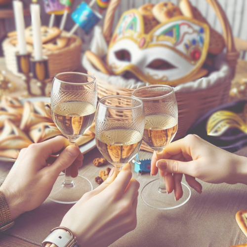 A close-up of three hands toasting with glasses of white wine, with a festive Purim basket in the background adorned with cookies, masks, and ribbons.