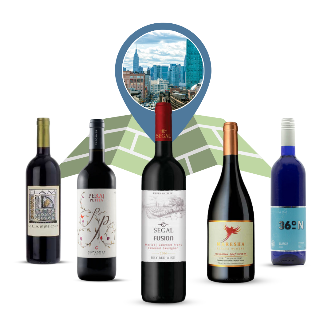 Set of Kosher Wines with location graphic featuring Queens New York