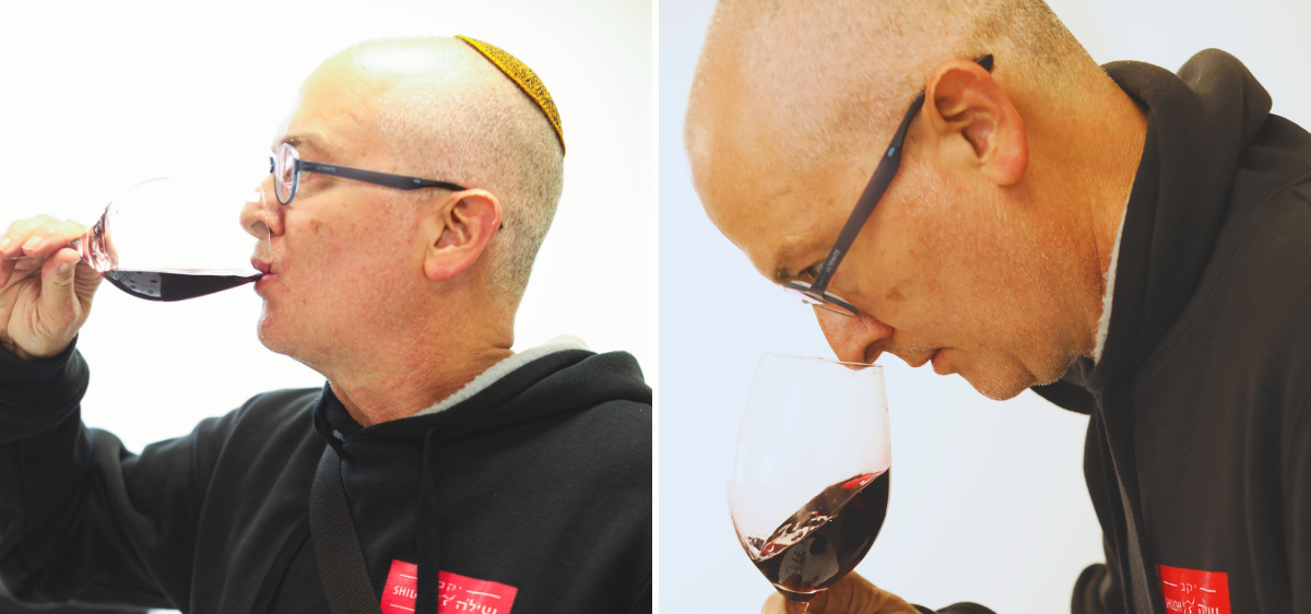 A composite image showing Amichai Lourie tasting red wine from a glass. He is deeply inhaling the aroma in one image and sipping the wine in another.