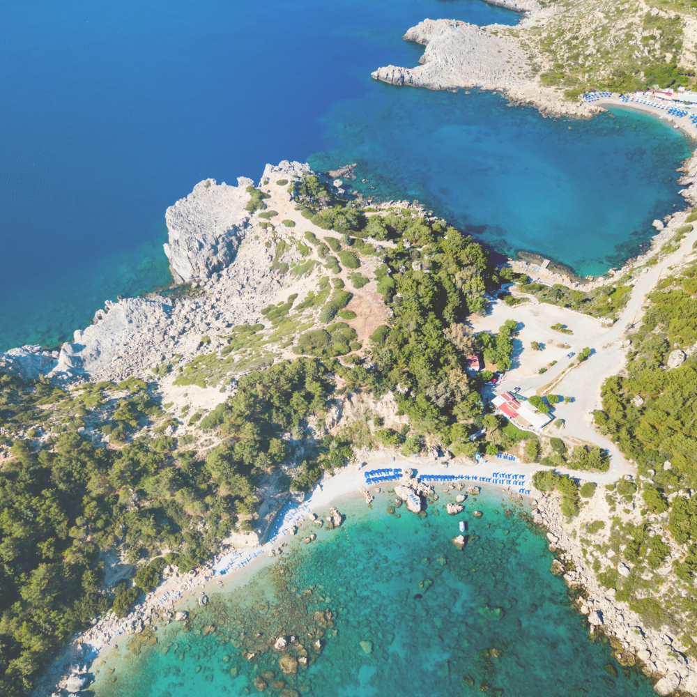Ladiko beach and Anthony Quinn Bay aerial view in Rhodes Island in Greece