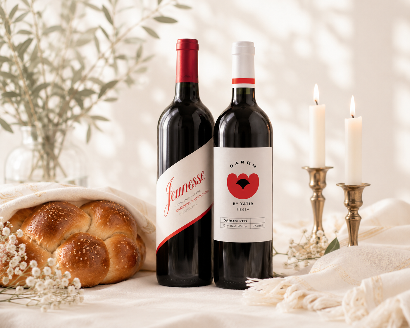 Two wine bottles displayed on a draped cream fabric with braided bread, white flowers, and lit candles in the background. The bottle on the left is labeled 'Jeunesse' and the bottle on the right is labeled 'Darom by Yatir'.