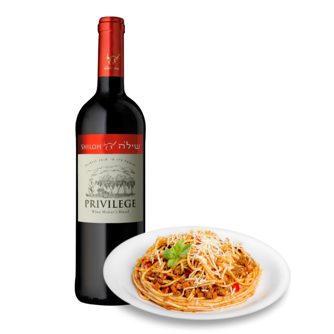 Bottle of Shiloh Privilege 2023 wine with a plate of tomato pasta on a white background