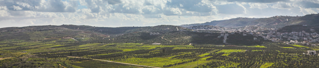 A panoramic view of lush green hills and valleys dotted with trees and small buildings, under a partly cloudy sky. The landscape features terraced fields and winding roads, showcasing a picturesque rural setting.