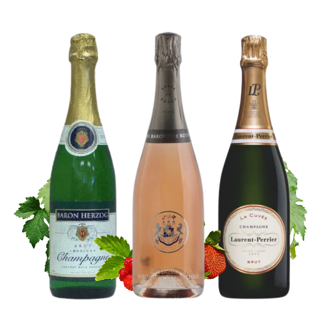 Three champagne bottles arranged side by side on a white background: a green Baron Herzog Brut Champagne bottle with gold foil and a strawberry at left, a pale pink Louis Roederer Champagne bottle in the center, and a dark green La Coupee Laurent-Perrier Brut Champagne bottle with a gold crest on the right. Decorative green leaves and strawberries are placed around the bottles.