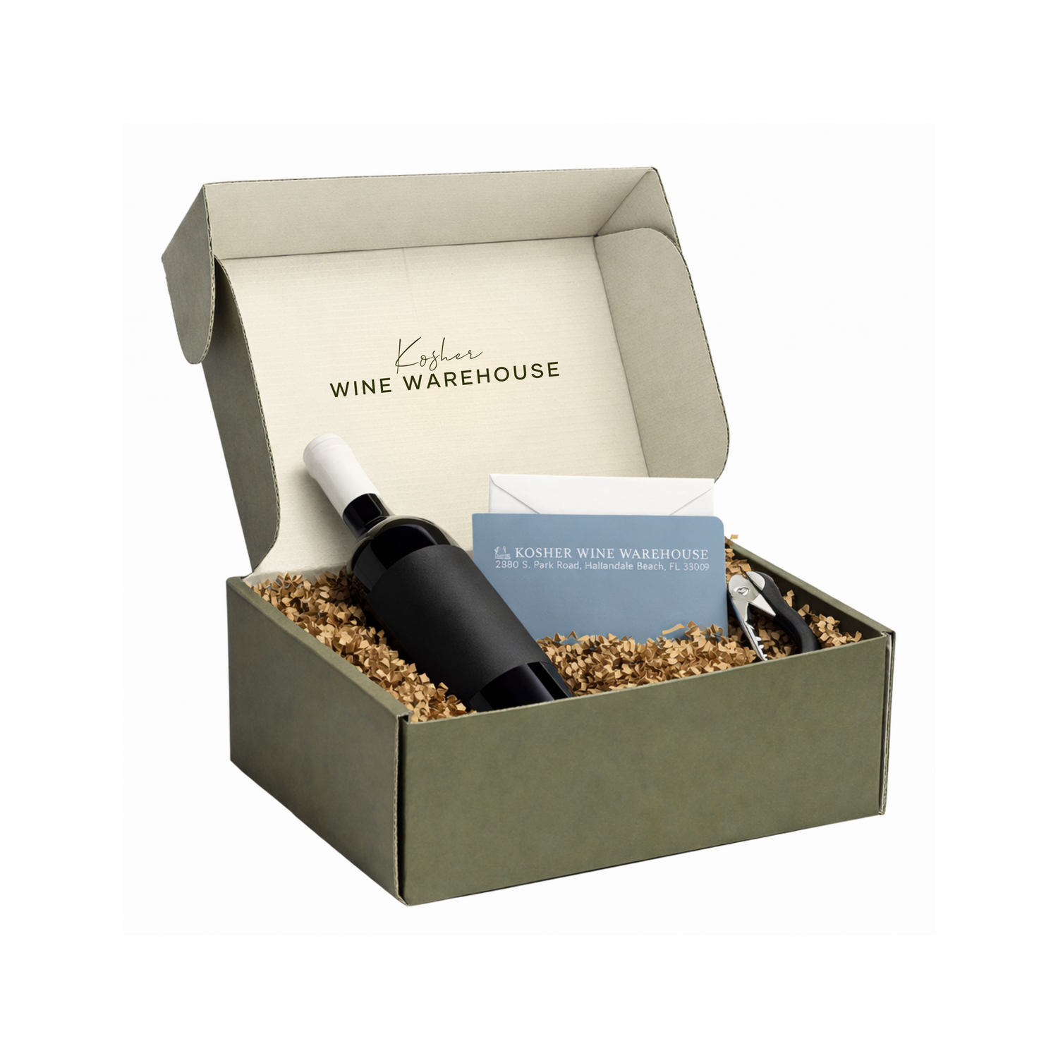 Wine bottle in a gift box with 'Kosher Wine Warehouse' branding