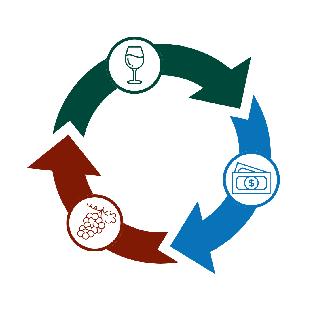 Circular diagram with arrows and icons of a wine glass, grapes, and money on a white background