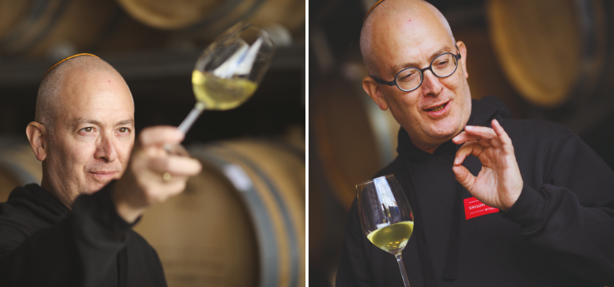 A composite image of Amichai Lourie evaluating white wine in a glass, making a hand gesture to indicate quality. Oak barrels are visible in the background.